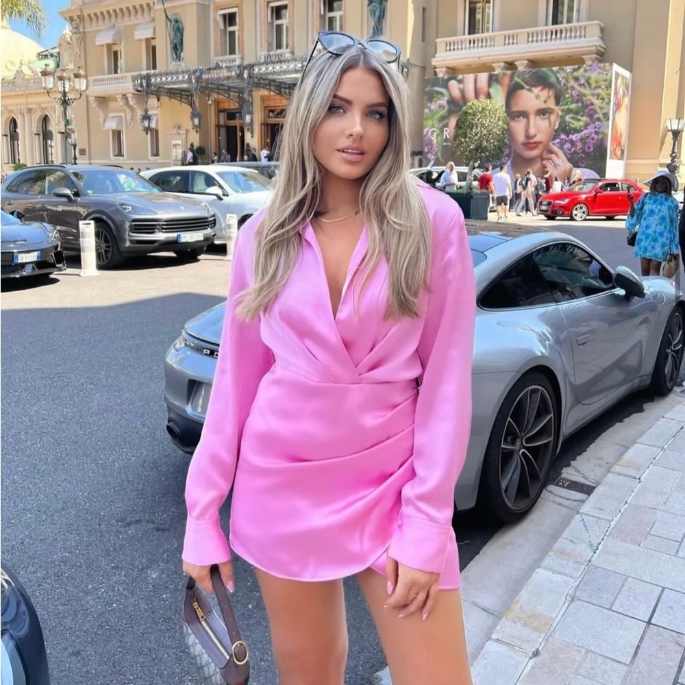 Zara mini dress satin effect drapped long sleeve pink party wedding coctail